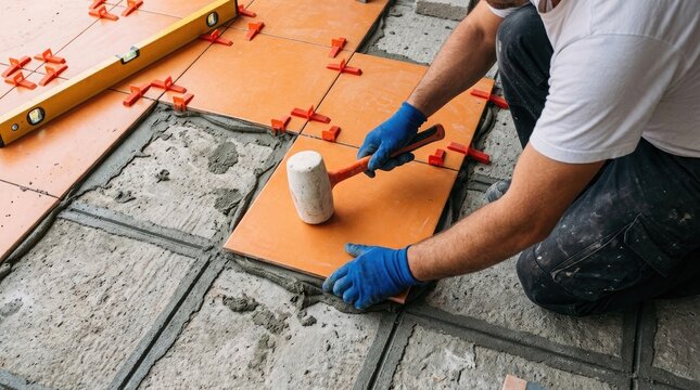 Professional construction worker installing orange waterproof uncoupling membrane for tile floor preparation on a concrete subfloor