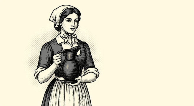 Traditional vintage engraving of a beautiful young peasant woman or milkmaid holding a dark ceramic water jug on white.