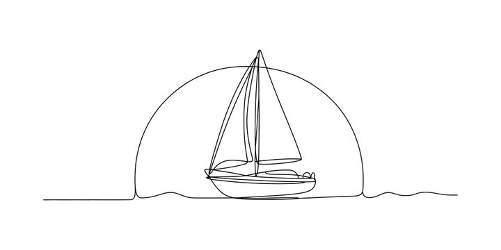 Simple line drawing of a sailboat with a sunset circle in the background