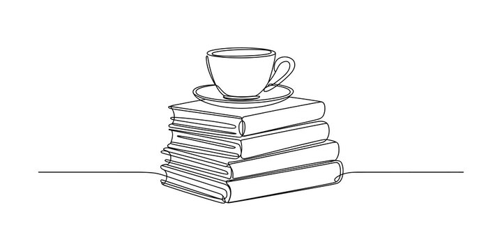 A cup of coffee on a stack of books line art drawing