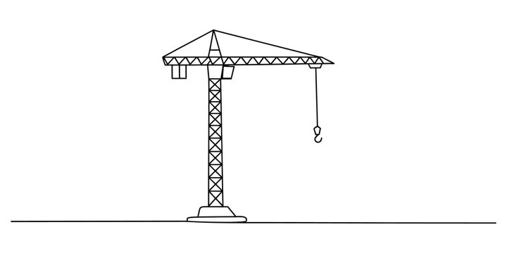 Black and white line drawing of a tall construction crane for building projects