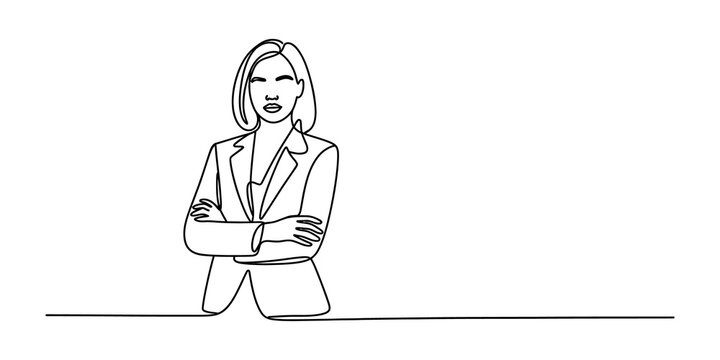 Continuous line drawing of a confident businesswoman with arms crossed