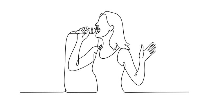 Continuous single line drawing of a woman singing into a handheld microphone