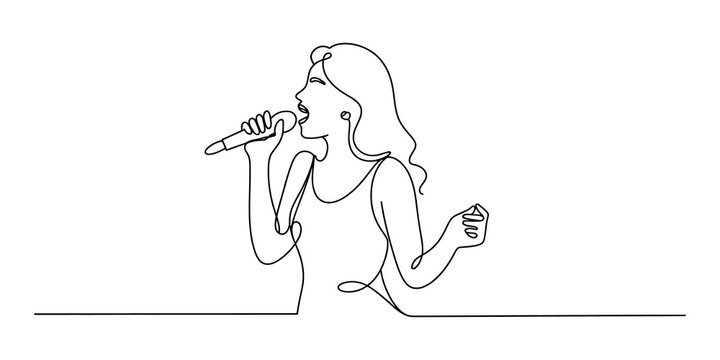 Continuous single line drawing of a woman singing into a handheld microphone
