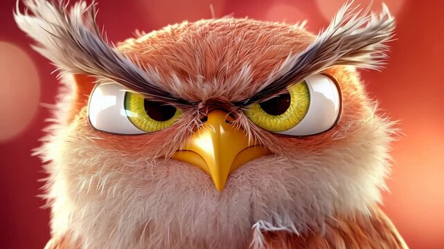 Fierce owl close-up with intense eyes and detailed feathers against vibrant red background
