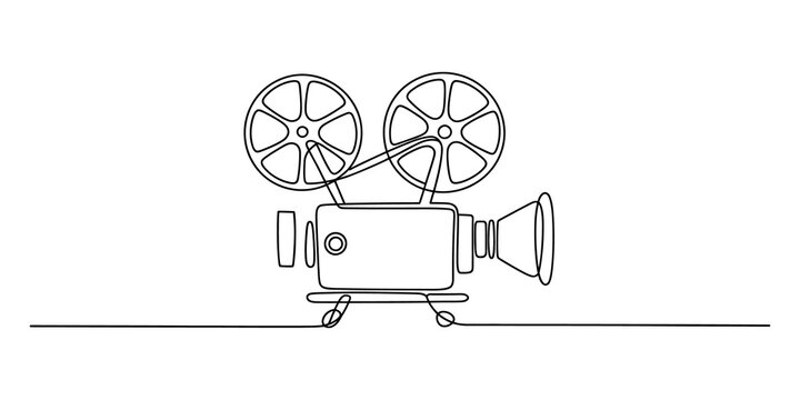 Vintage movie camera drawn in a simple continuous single line art style