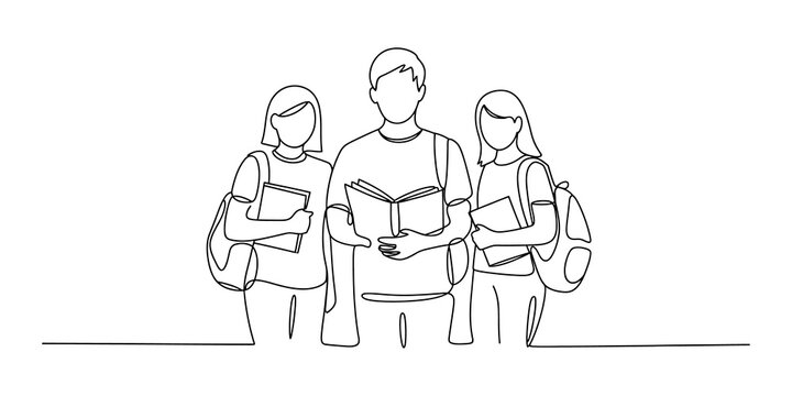 Continuous single line drawing Group of three students standing together holding books and wearing backpacks