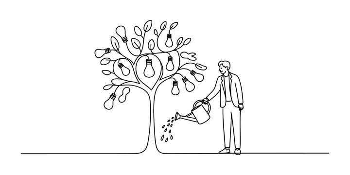 Businessman watering a tree with light bulbs growing as fruit line art drawing