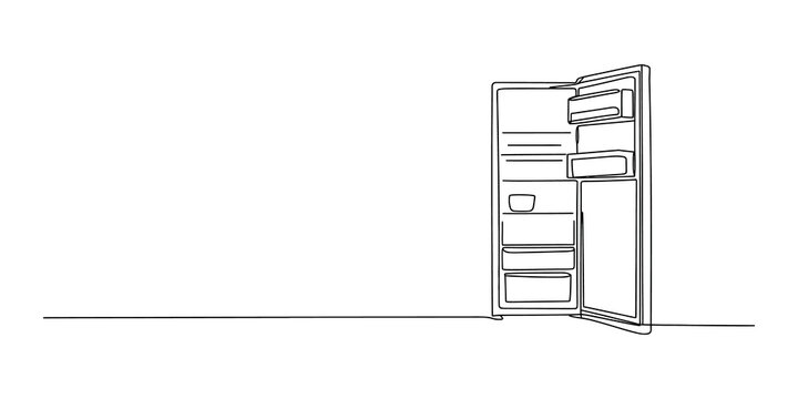 Simple line art drawing of an open refrigerator for kitchen design