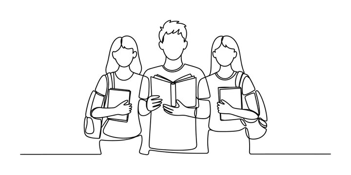 Continuous single line drawing Group of three students standing together holding books and wearing backpacks