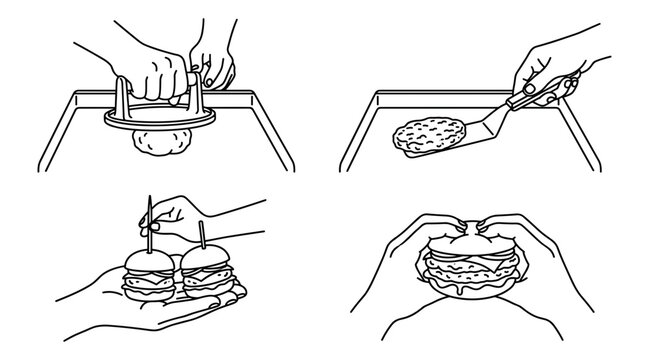 Smash Burger Cooking and Eating Line Art Icon Set Showing Hands Pressing Meat on Griddle Flipping Patty with Spatula and Holding Sliders