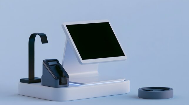 Modern digital kiosk setup featuring touchscreen display  card reader  and sleek minimalist design against soft blue background