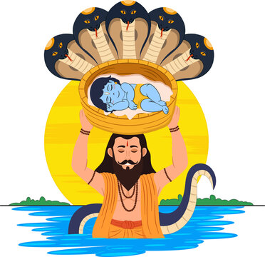 vasudev carrying little krishna with kaliya naag on janmashtami festival vector illustration