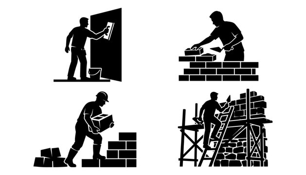 Construction worker and bricklayer silhouette vector set featuring male laborers plastering walls laying bricks carrying cinder blocks and climbing scaffolding structures