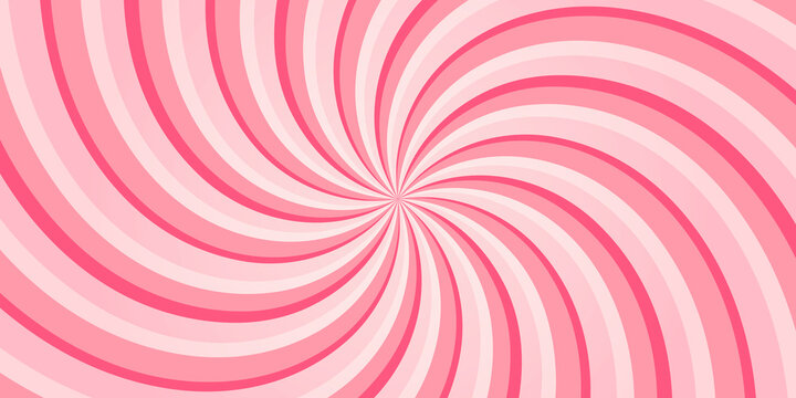 Candy color sunburst background. Abstract pink cream sunbeams design wallpaper. Colorful spinning lines for template, banner, poster, flyer. Sweet rotating cartoon swirl or whirlpool. Vector backdrop