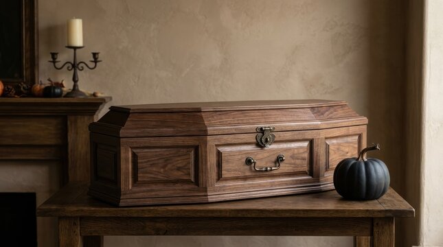 A vintage wooden coffin displayed on a table with a black pumpkin for a spooky halloween themed interior decoration