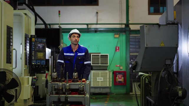 Industrial worker operating cnc machine equipment in modern manufacturing plant for industrial automation concept.	