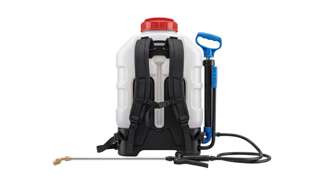 Backpack sprayer with red cap and blue handle on isolated on png transparent background