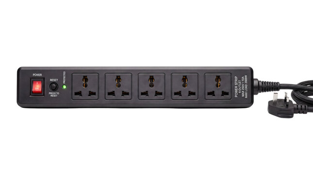 Black power strip with six universal sockets, red isolated on png transparent background