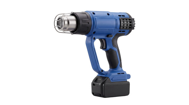 Blue cordless heat gun with black handle and isolated on png transparent background