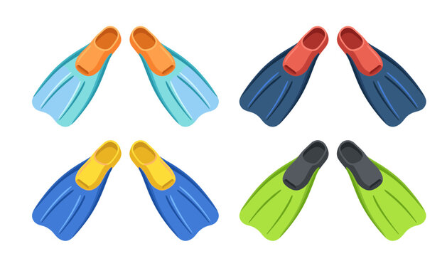 Diving flippers swimming fins vector illustration set. Rubber snorkeling shoes, colorful flippers, water sports gear, summer beach vacation, snorkeling and scuba fins.