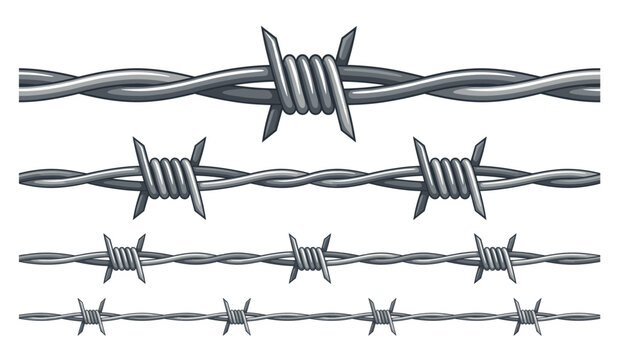 Metallic sharp barbed wire border vector set. Steel knots, twisted iron fence, security protection, military prison obstacle and prison camp barrier elements.