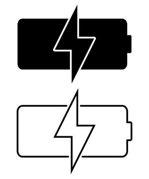 Battery Charging Icon Set with Lightning Bolt Symbol Filled and Line Vector