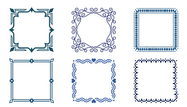 Vintage decorative square frame vector set. Ornate, scroll, filigree, geometric, dashed line, dotted pattern, wavy border and heart flourishes.