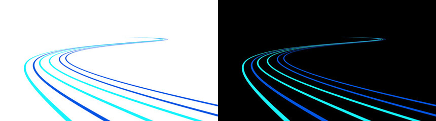 Light trail blue neon lines curving downward like a speeding road for technology backgrounds in PNG, Transparent and Black Background Versions © FahamidaAlam