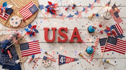 Fototapeta premium Red white and blue usa letters surrounded by american flags and patriotic decorations on a rustic wooden background