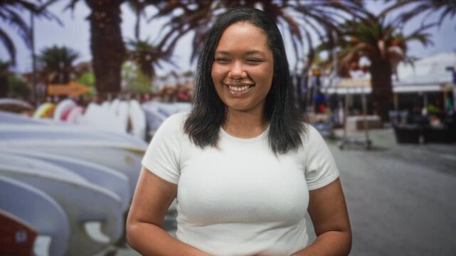 Young african american woman smiling with septum ring and hand near chest in white tshirt on a seaside street by surfboards and palm trees; coastal casual contentment.