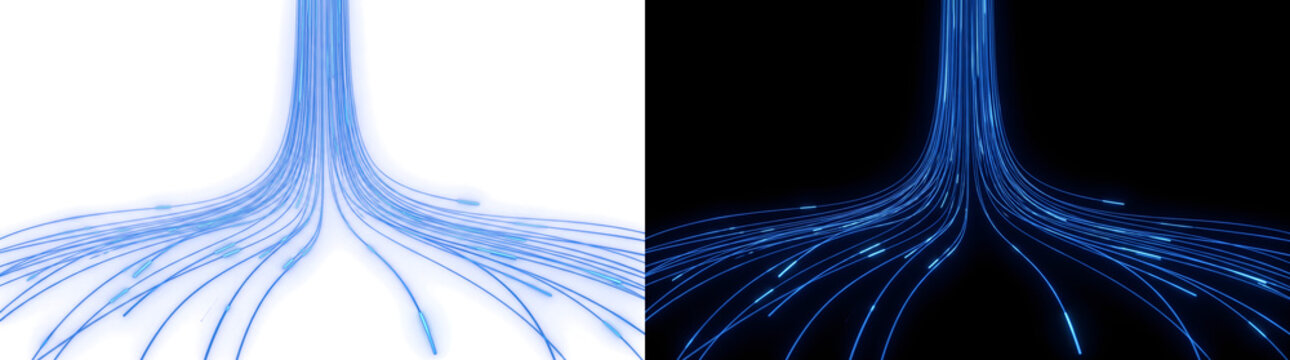 Light roots blue neon lines branching outward like a network of streams for technology backgrounds in PNG, Transparent and Black Background Versions