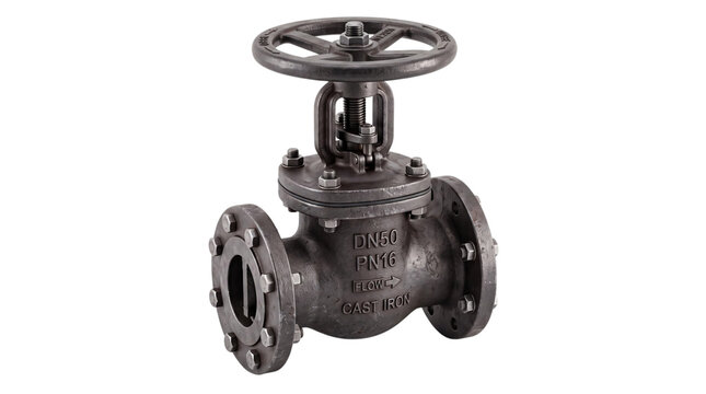 Dark cast iron gate valve with handwheel and isolated on png transparent background