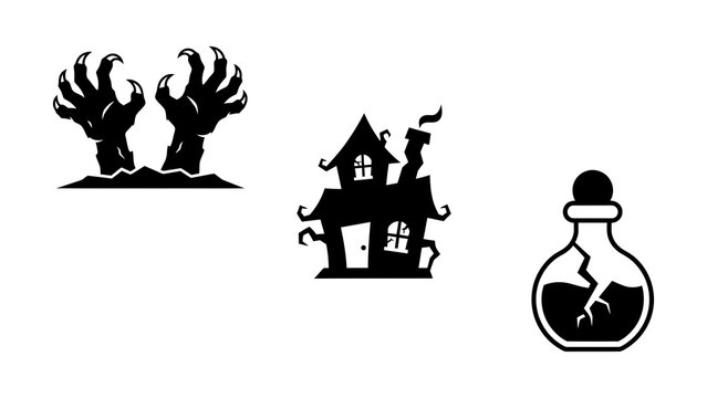 Halloween-themed icons set with hands, haunted house, and potion bottle