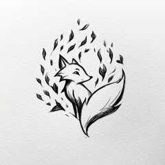 Naklejka premium A hand-drawn fox sketch is placed among leaf doodles on a white background, showing a simple and artistic design that captures nature.