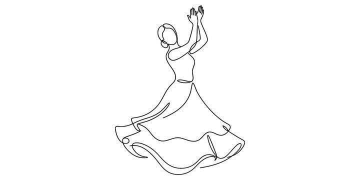 Continuous single line drawing of a graceful woman dancing in a beautiful flowing dress