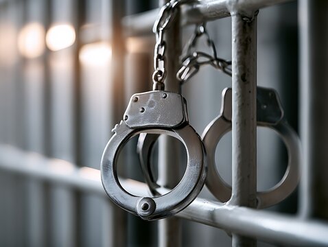Handcuffs Hanging On Metal Bar