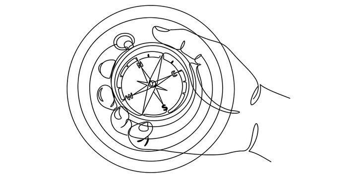 A hand holding a magnetic compass drawn in a simple continuous line art style