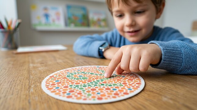 Child taking color blindness test with Ishihara plate. Young boy identifying numbers on pediatric vision screening chart.