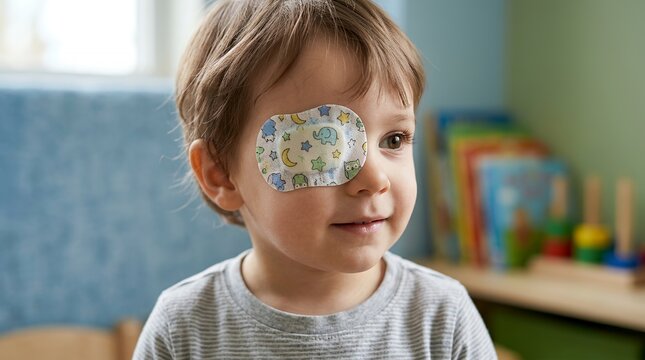 Child wearing eye patch for amblyopia therapy. Pediatric vision correction treatment with playful medical patch close-up.