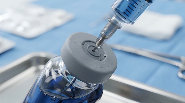 Medical syringe drawing liquid from vial. Precision drug preparation with sterile hypodermic needle and pharmaceutical container.