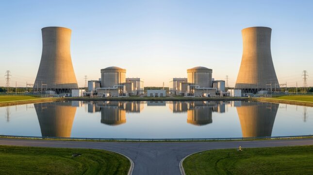 Modern nuclear power plant with cooling towers reflected in calm water during golden hour, industrial energy facility