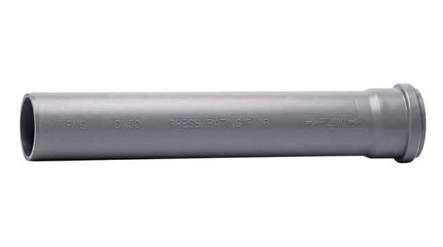 Gray pvc pipe section with connector on white isolated on png transparent background