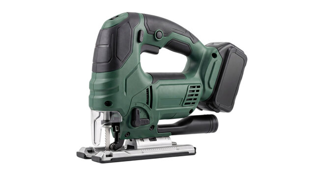 Green and black cordless jigsaw power tool with isolated on png transparent background