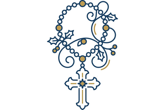 Elegant christian rosary beads with holy cross and holly leaves illustration.