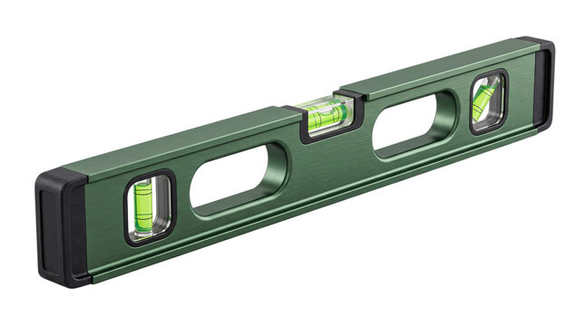 Green aluminum spirit level with three vials and isolated on png transparent background