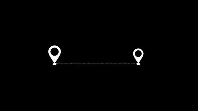 Animated two location pins connected by a dotted line on black background. Location line map tracking icon location mark pointer. Map route for travel stories, location tracking and destination point