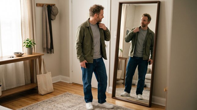 Man checking his outfit in a full length mirror at home before going out