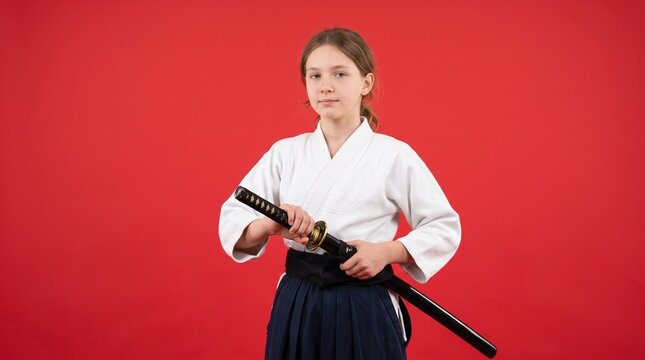 侍の格好をして刀を持っている白人の女の子