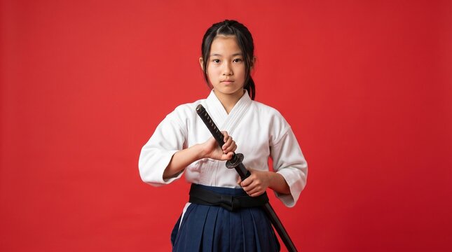 侍の格好して刀を持っている日本人の女の子、正面を見ている